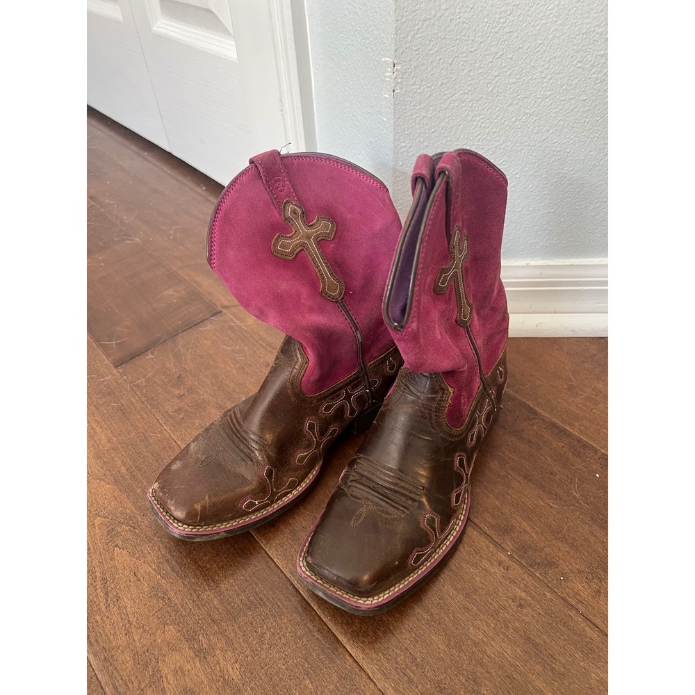 Ariat Kids Girl's Square Toe‎ Brown Leather & Purple Suede Cowboy Boots